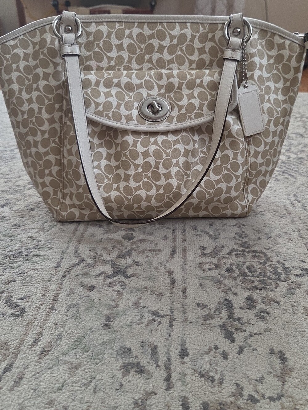 COACH Signature Leah Large Shoulder Tote Bag Khaki White 15135 Handbag Purse